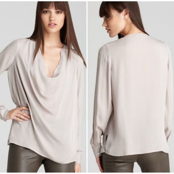 NWT - VINCE 100% Silk Draped Cowl V-Neck Long Sleeve Blouse, Greige, Sz 4 - Picture 1 of 10